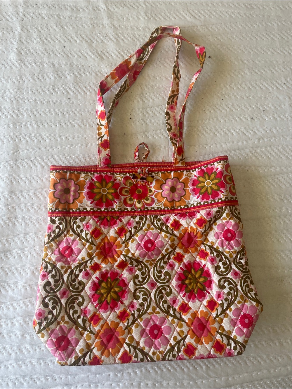 Vera Bradley Pink, Orange and Brown Quilted Floral Tote Folkloric